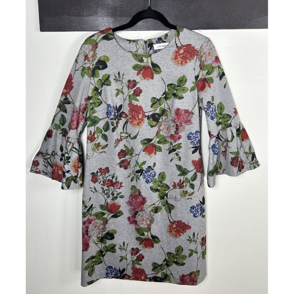 Calvin Klein Gray Multicolor Floral Ruffle 3/4 Bell Sleeve Midi Dress Sz 10